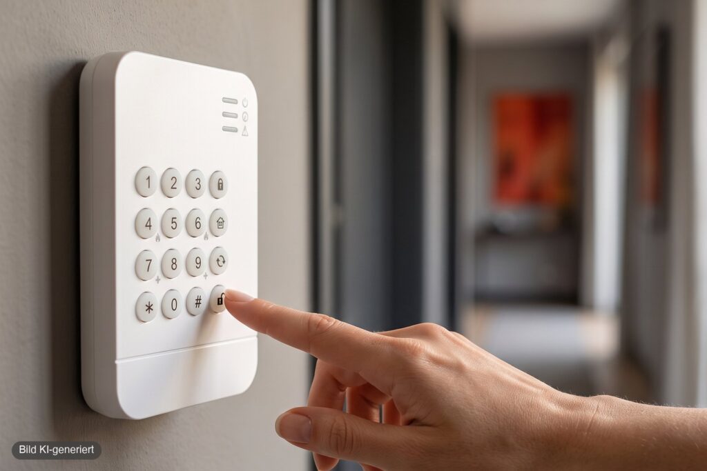 Alarmanlagen-Keypad an der Wand, eine Hand schärft das System
