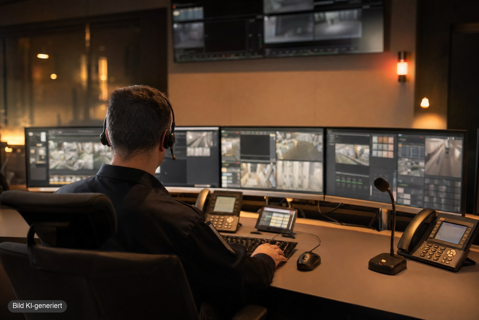 Notruf- und Serviceleitstelle: Arbeitsplatz mit Monitoren