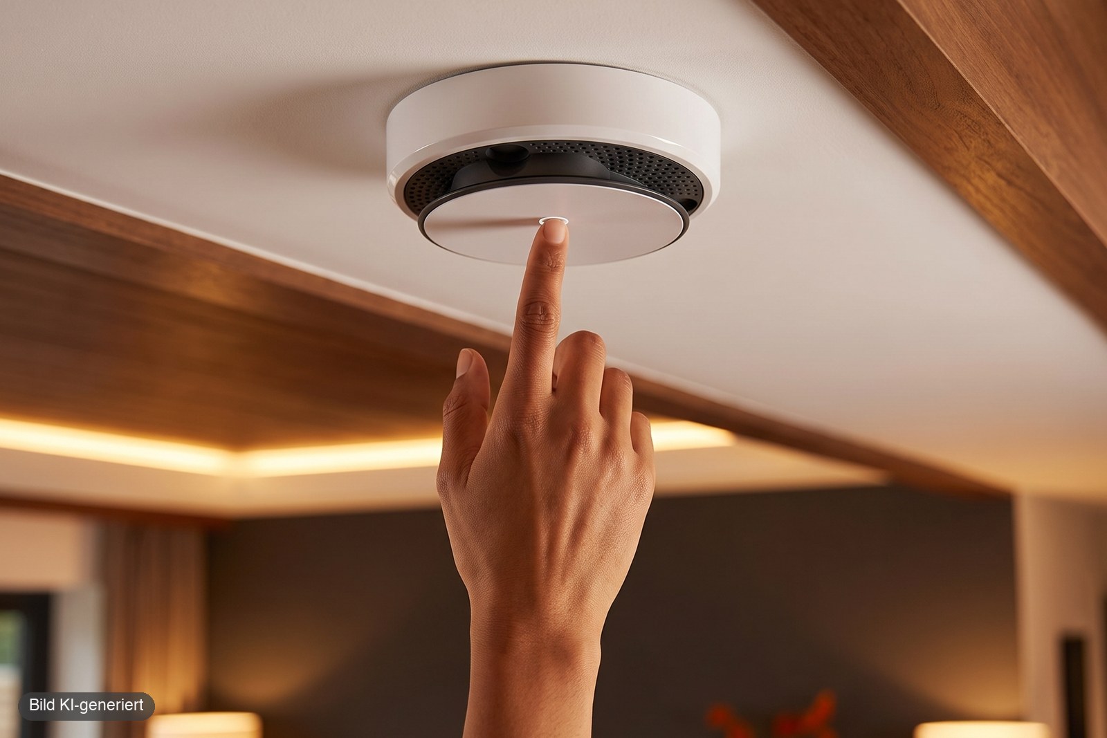 Rauchmelder an der Decke wird per Knopfdruck getestet